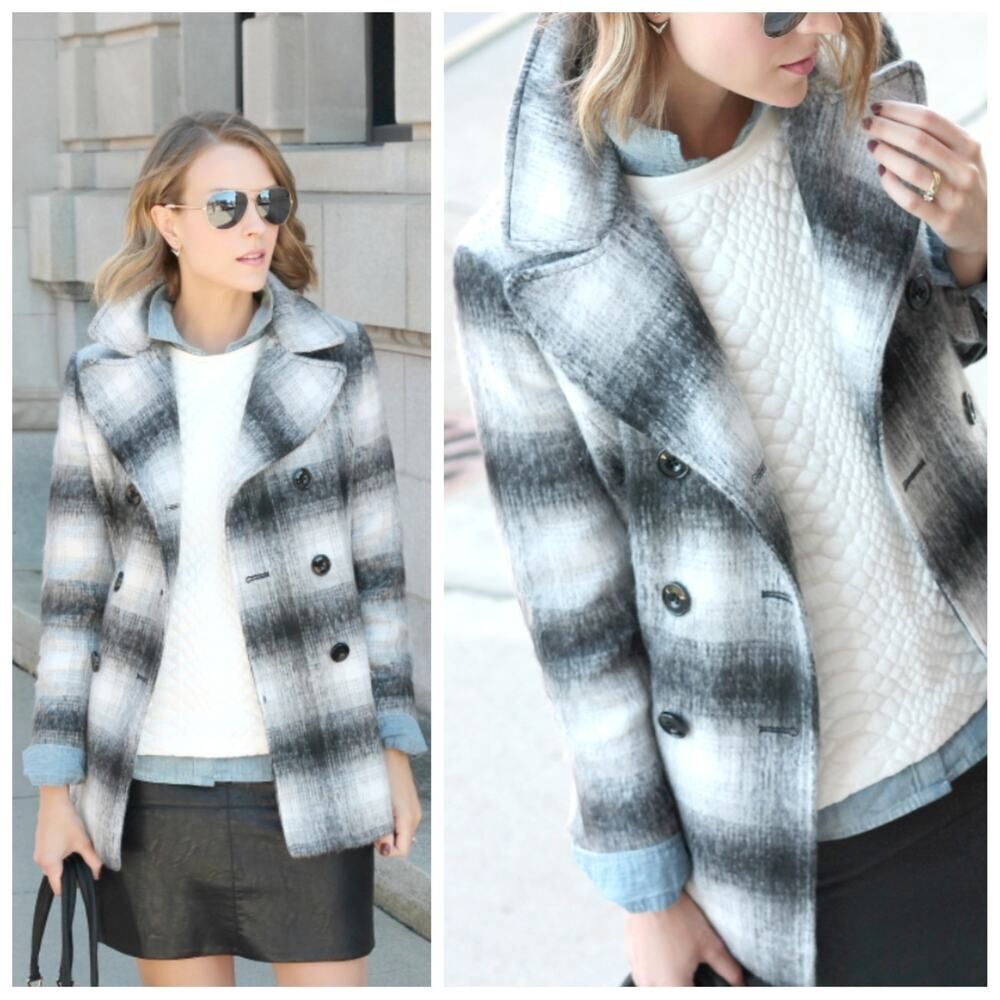 Black Rivet plaid wool-blend pea coat sz S NWT